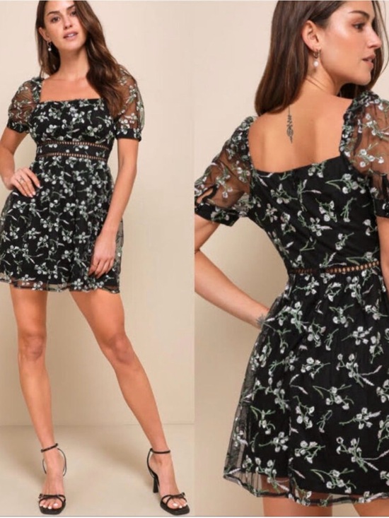 Lulus Dresses & Skirts - Lulu's Black Floral Square-Neck Mini Dress with Sheer Puff Sleeves
